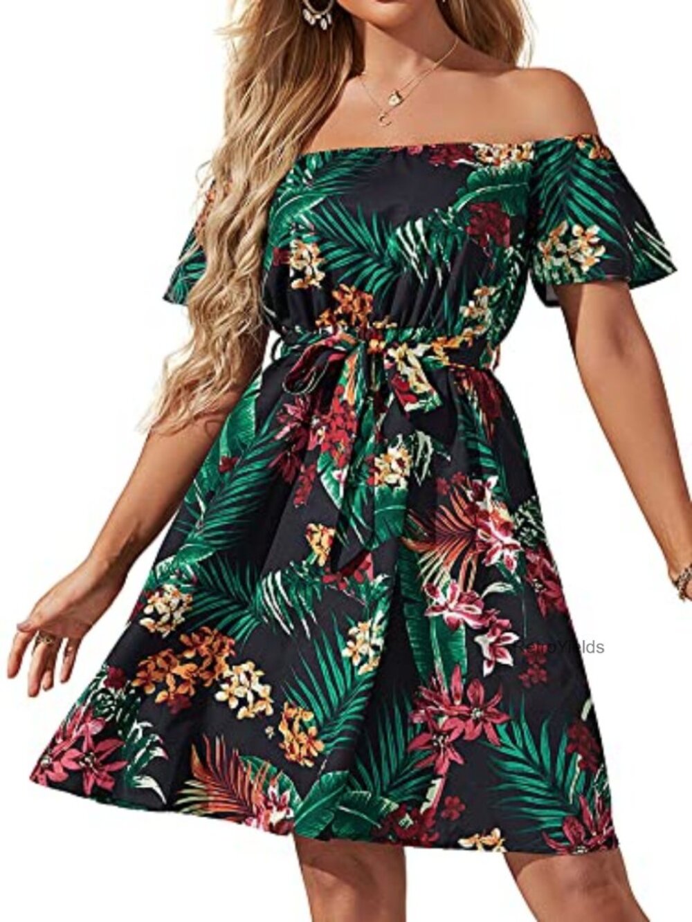 Women's Off Shoulder Ruffle Sleeve Summer Mini Dress Wedding Guest